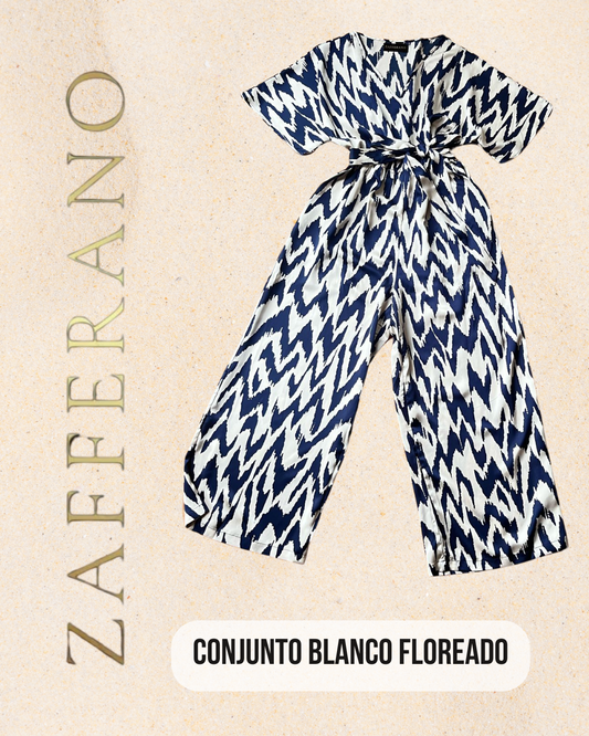 Vestido Palazzo perla con azul marino